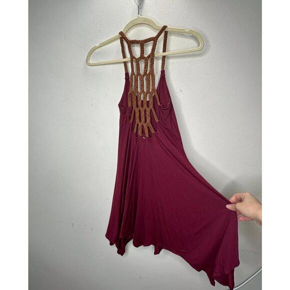 Sky Burgundy Scoop Neck Hand Braided Leather Design Back Strap Flowy Dress XS - Picture 2 of 14
